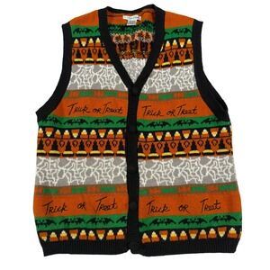 Robin Sinkler Halloween Sweater Vest L Orange Trick or Treat Candy Corn Vintage